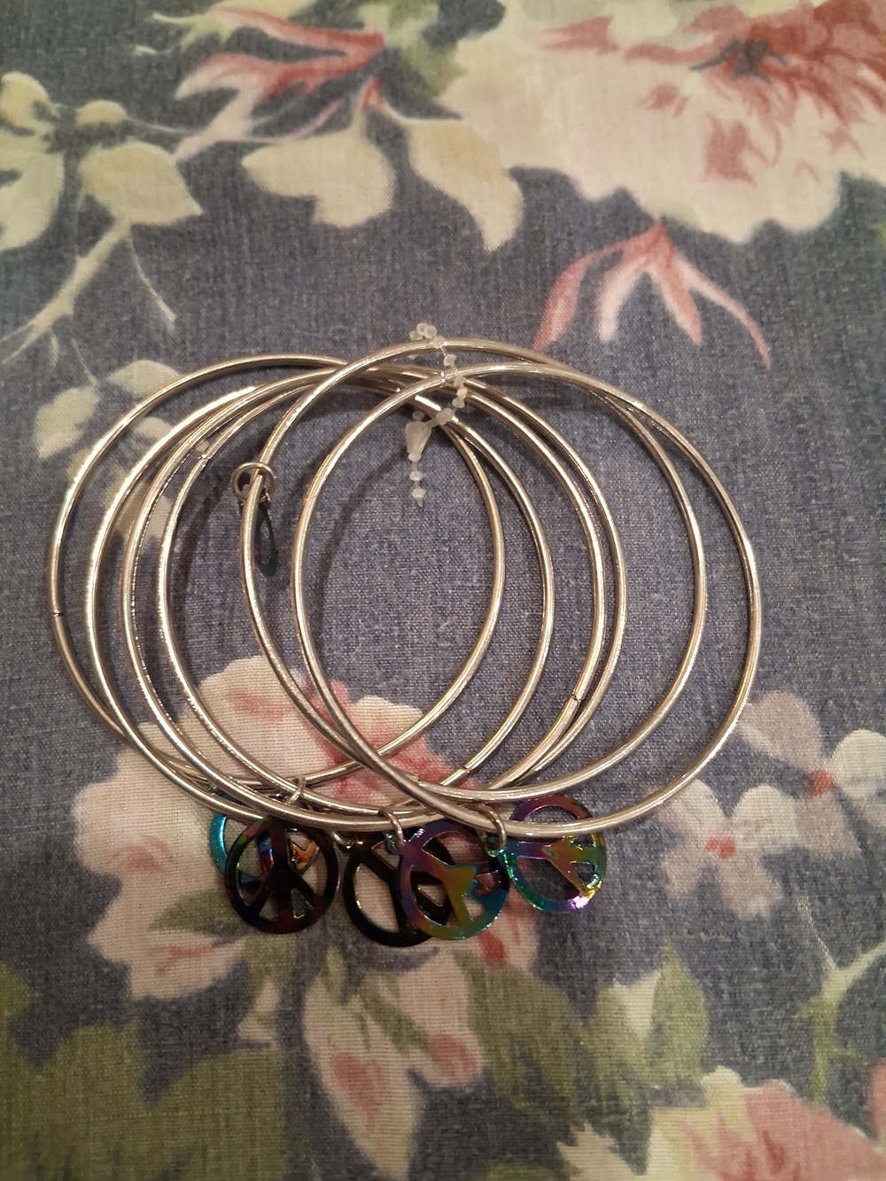 Silver Bangle Braclets with Iridescent Peace Sign Charms